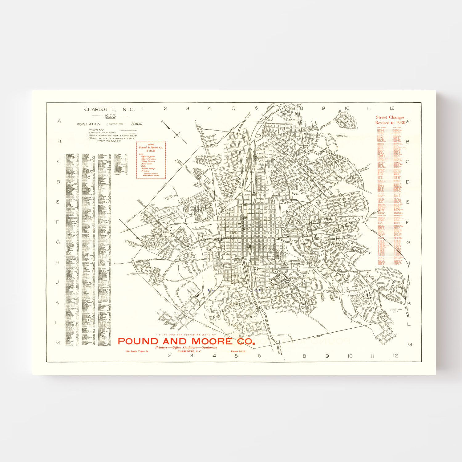 Vintage Map of Charlotte, North Carolina 1930