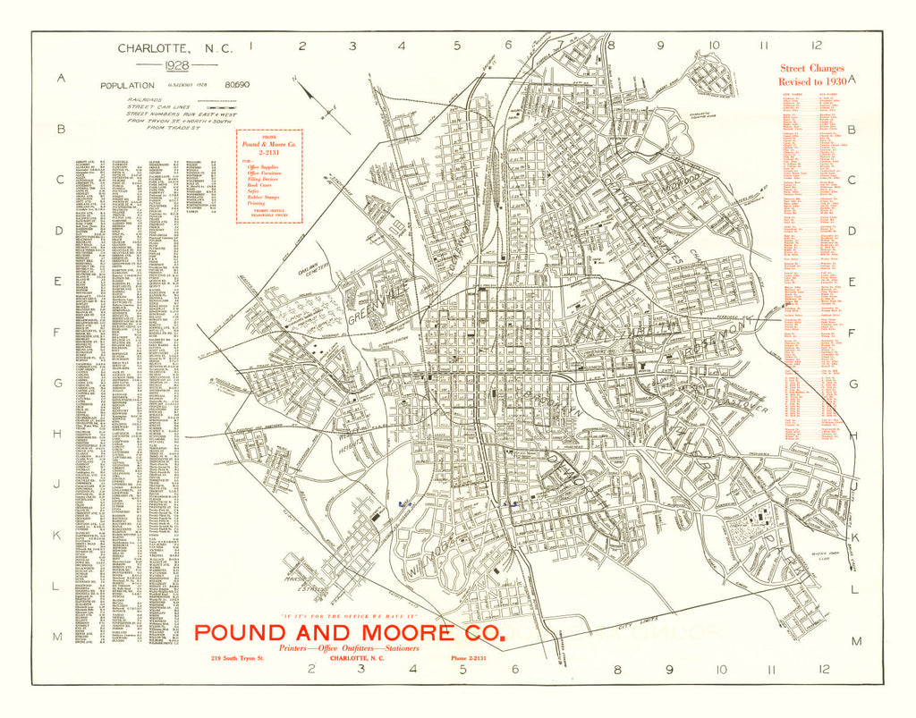 Vintage Map of Charlotte, North Carolina 1930