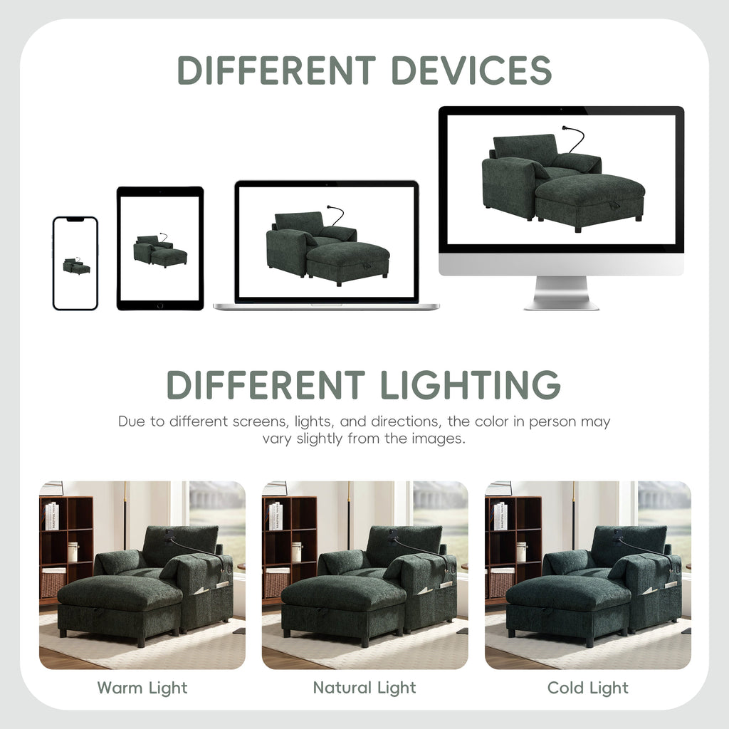 38' Single Sofa with Storage Ottoman, Adjustable Phone Holder, USB Charger, Side Storage Pockets, Pillow-Like Armrests, Wide Seat Chaise Lounge for Living Room&Apartment, Chenille, 4 Colors