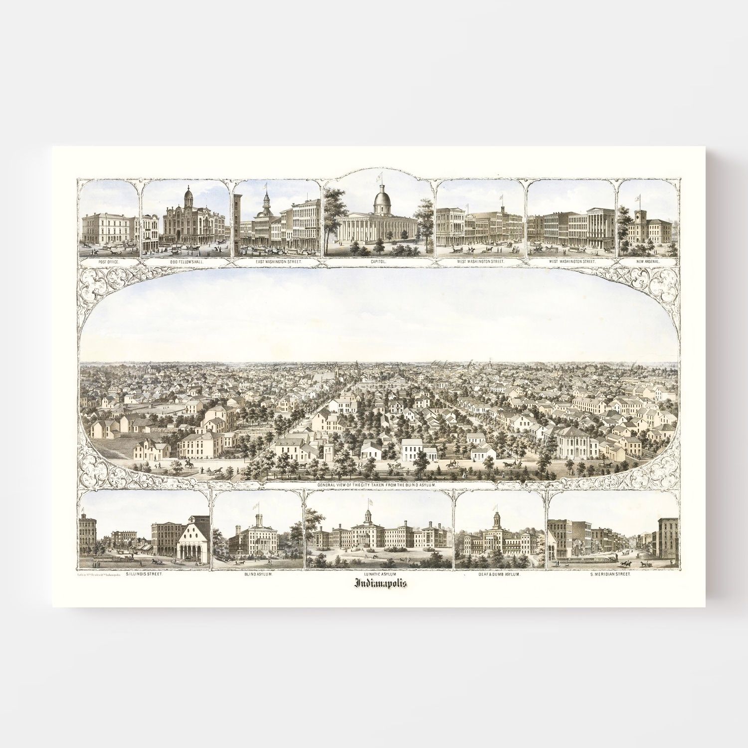 Vintage Map of Indianapolis, Indiana 1860
