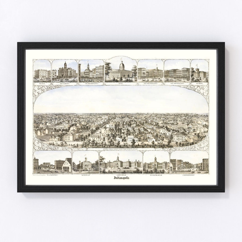 Vintage Map of Indianapolis, Indiana 1860