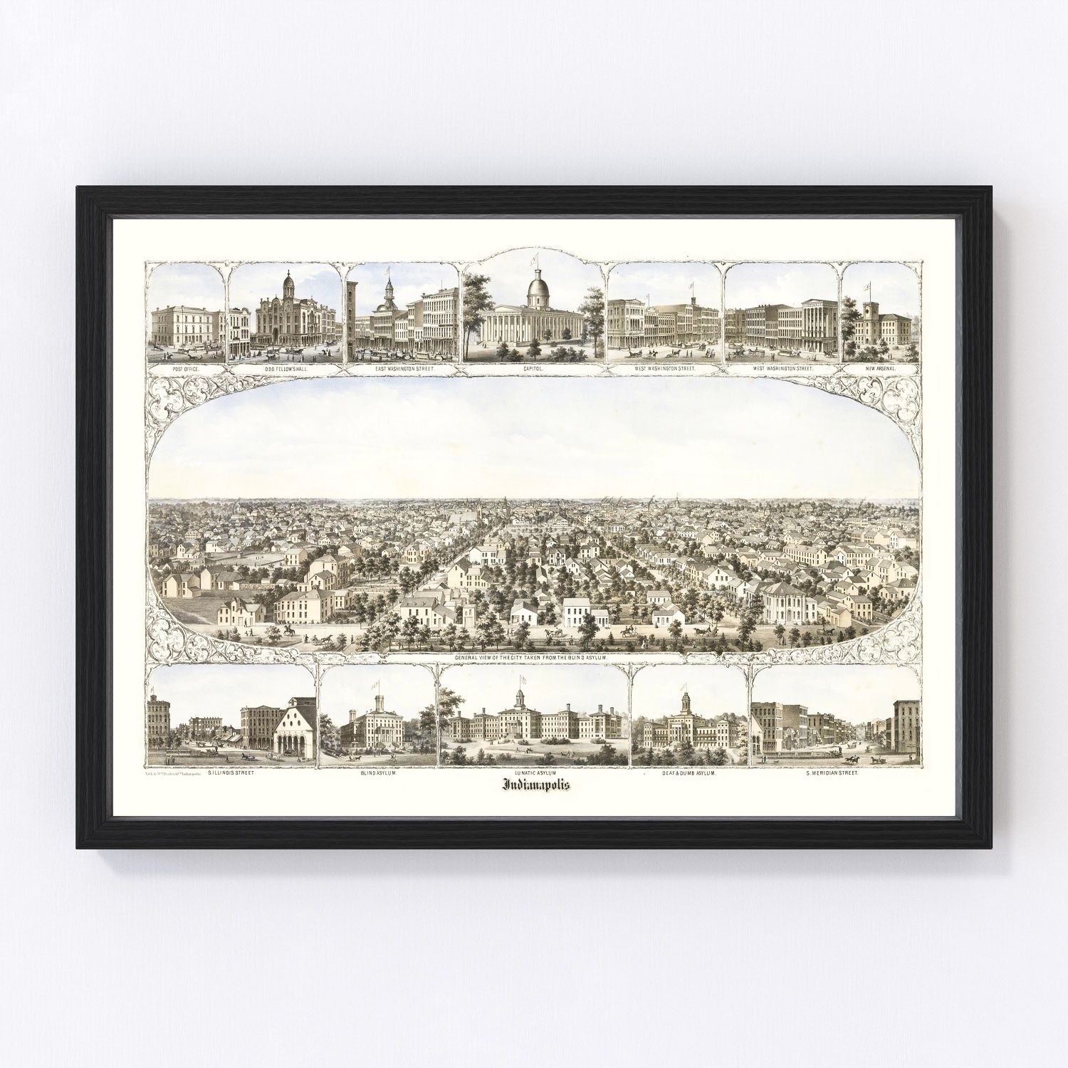 Vintage Map of Indianapolis, Indiana 1860