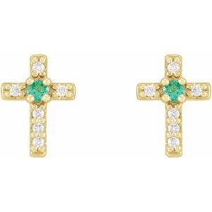 14K Yellow Gold Lab-Grown Emerald & .03 CTW Natural Diamond Cross Earrings – image 2