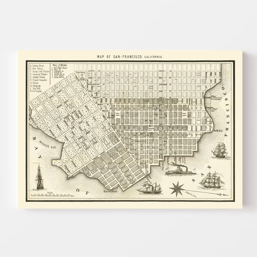 Vintage Map of San Francisco, California 1852