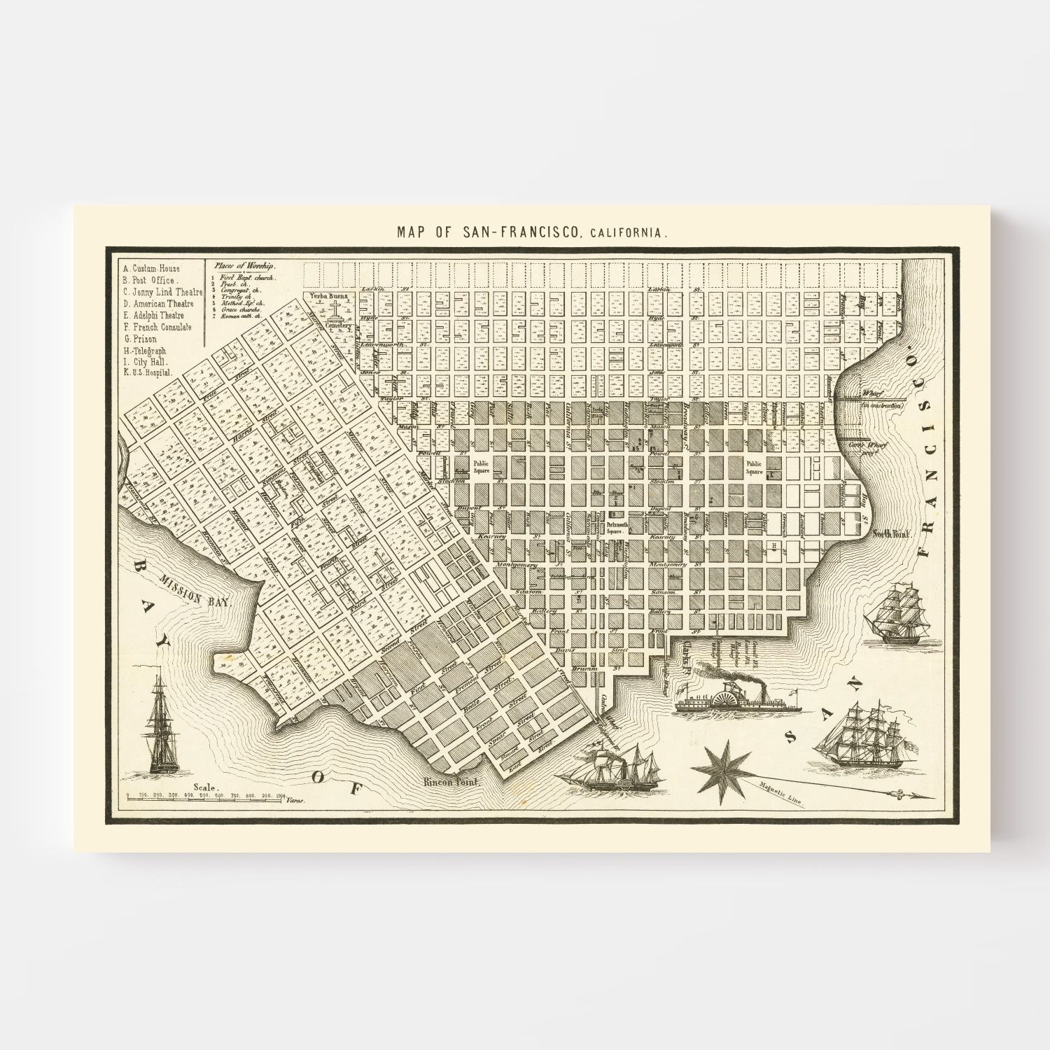 Vintage Map of San Francisco, California 1852