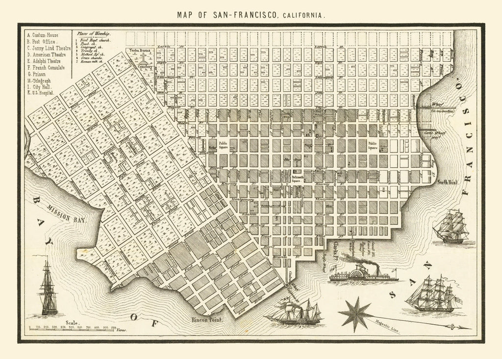 Vintage Map of San Francisco, California 1852