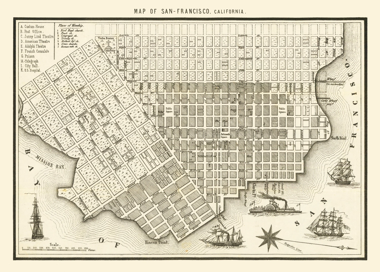 Vintage Map of San Francisco, California 1852