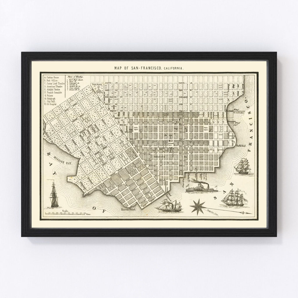 Vintage Map of San Francisco, California 1852