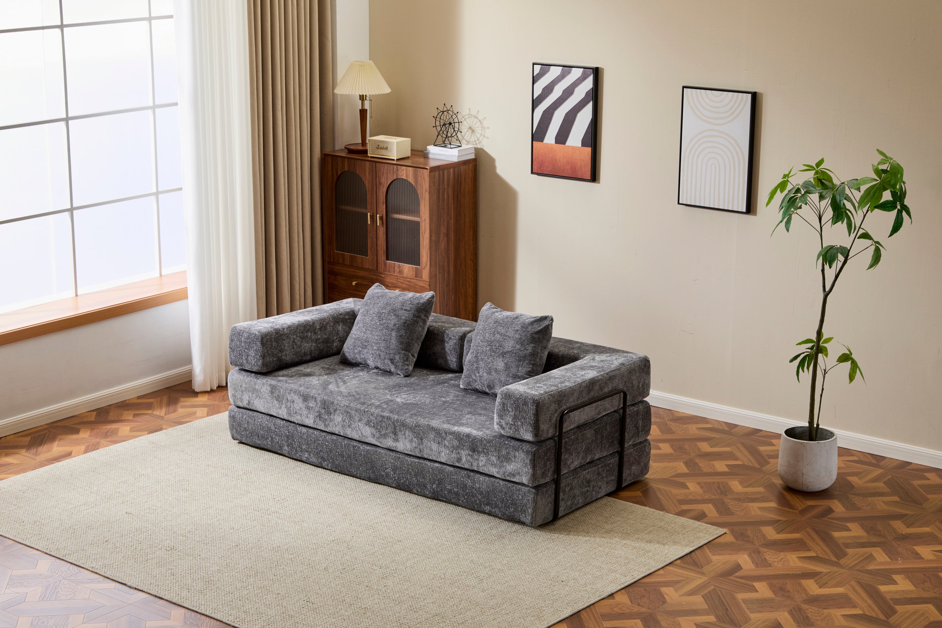 Floor Couch,Compression Sofa,Convertible Floor Sofa Bed-with Pillow Back Support Armrest,Comfy Futon Couch Lounge Sleeper Bed,Chenile fabric,for Living Room Bedroom (DARK-GREY)