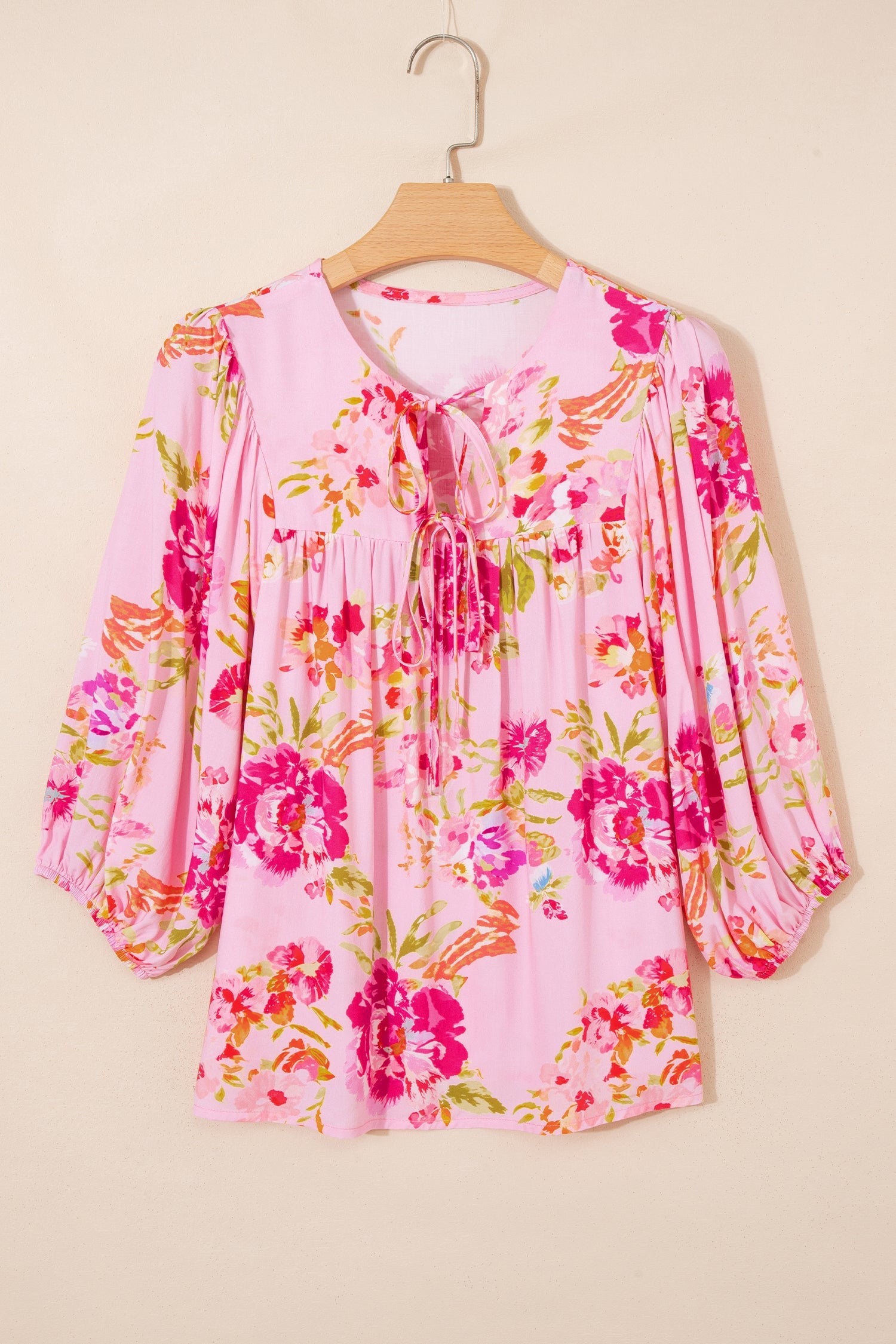 Floral Tie Neck 3/4 Puff Sleeve Blouse