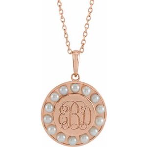 14K Rose Gold Cultured White Seed Pearl Engravable Halo-Style 16-18" Necklace