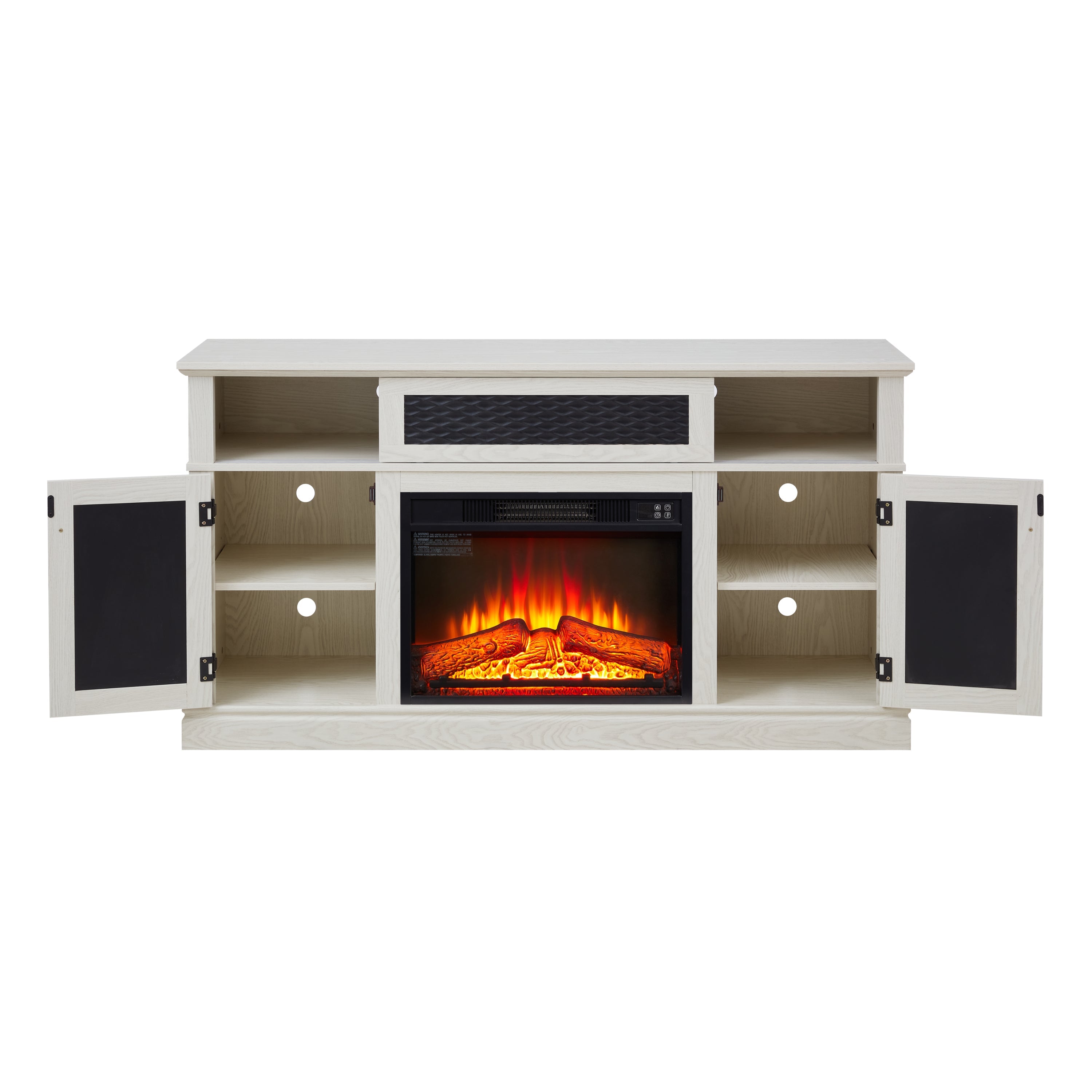 Embossed Pattern TV Stand with 23' fireplace insert,, TV and Media Console with Open and Closed Storage Space and sliding door for Living Room & Bedroom,White, 58.27'W*15.35'W*31.7H
