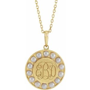14K Yellow Gold Cultured White Seed Pearl Engravable Halo-Style 16-18" Necklace