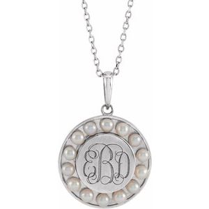 Sterling Silver Cultured White Seed Pearl Engravable Halo-Style 16-18" Necklace