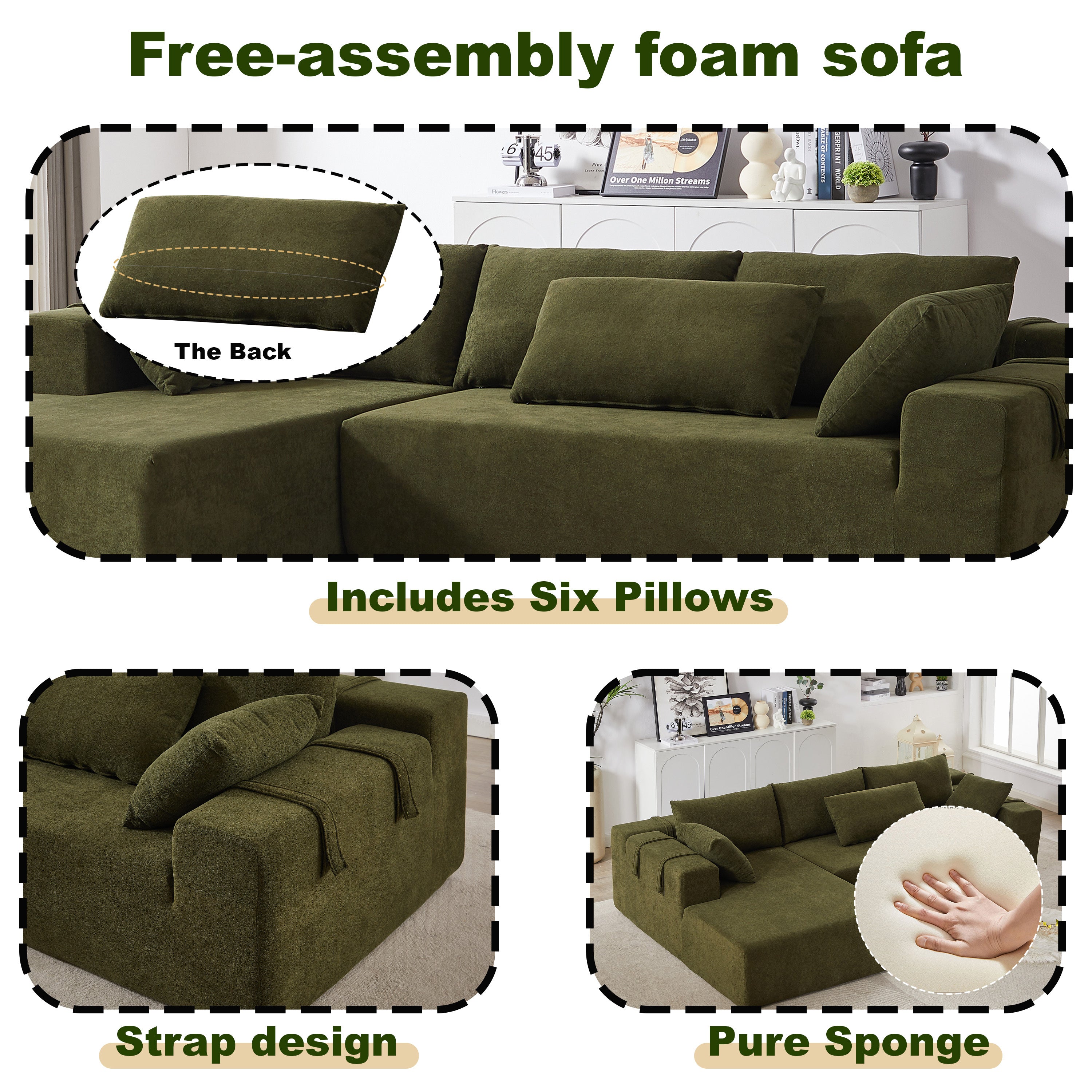 Modern Chenille Upholstered Sectional Sofa Couch Set,Modular 108' L Shaped Sectional Living Room Sofa Set With 6 Pillows,Free Combination Sofa Couch for Living Room,Bedroom(Left Chaise)