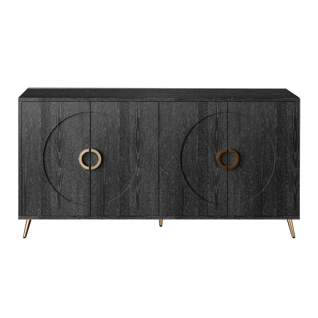 Modern Lacquered 4 Door Wooden Cabinet Sideboard Buffet Server Cabinet Storage Cabinet, for Living Room, Entryway, Hallway, Office, Kitchen and Dining Room, Distressed Black