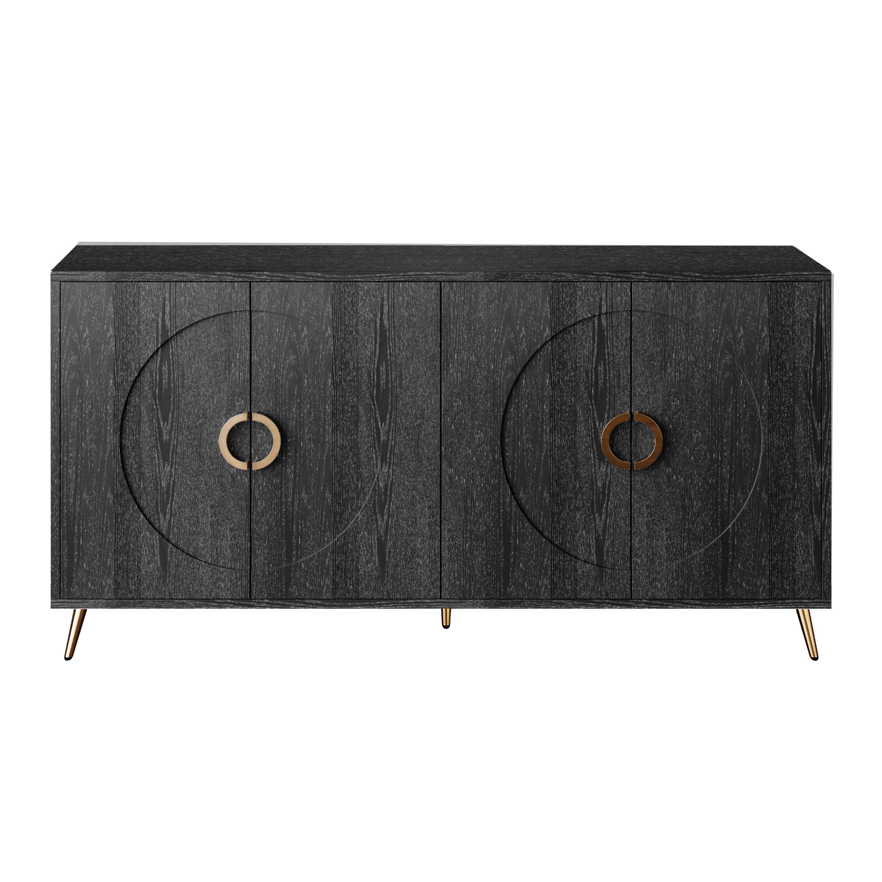 Modern Lacquered 4 Door Wooden Cabinet Sideboard Buffet Server Cabinet Storage Cabinet, for Living Room, Entryway, Hallway, Office, Kitchen and Dining Room, Distressed Black