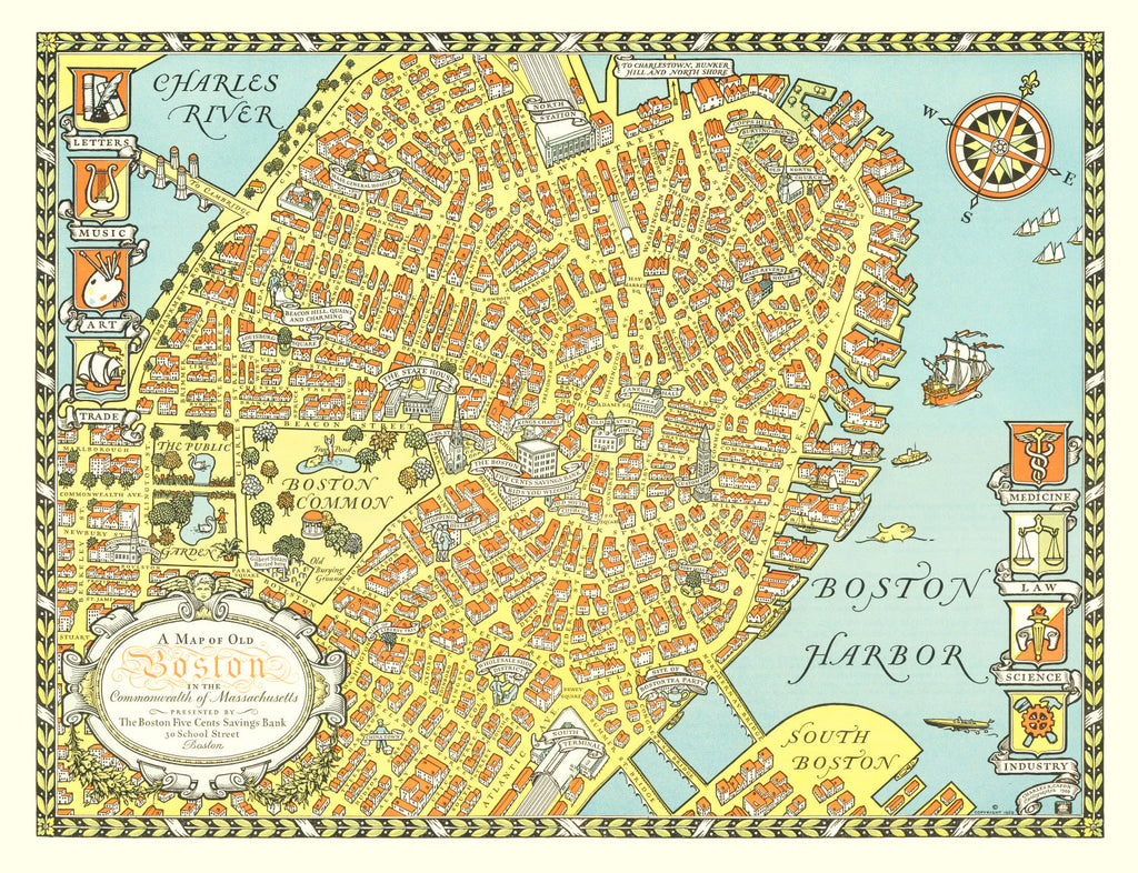 Vintage Map of Boston, Massachusetts 1929