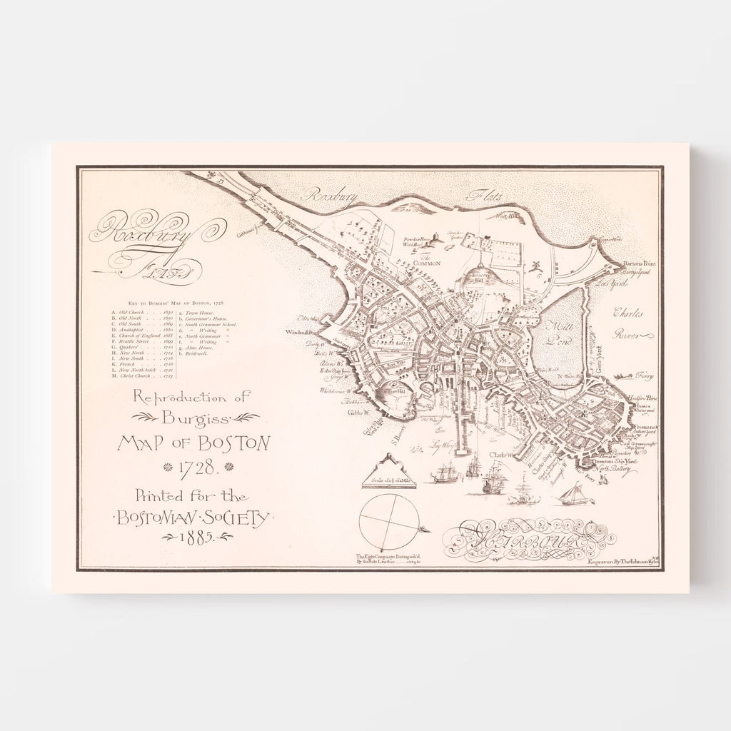 Vintage Map of Boston, Massachusetts 1728