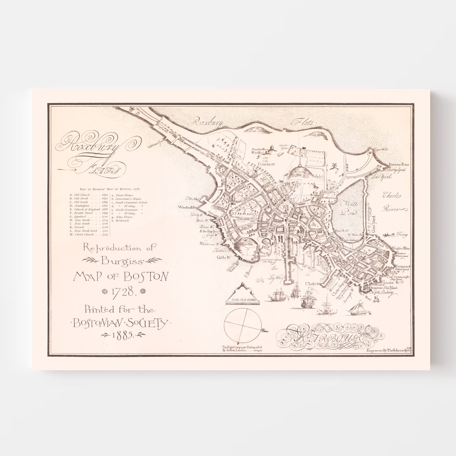 Vintage Map of Boston, Massachusetts 1728