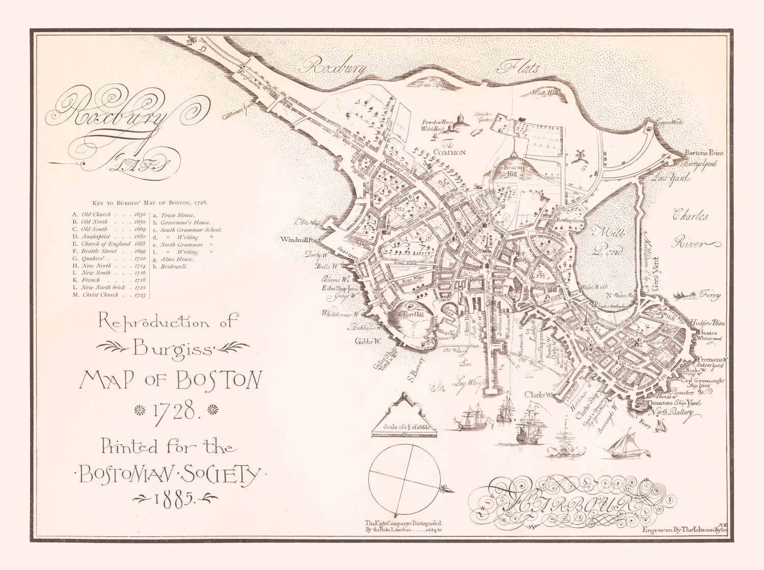 Vintage Map of Boston, Massachusetts 1728