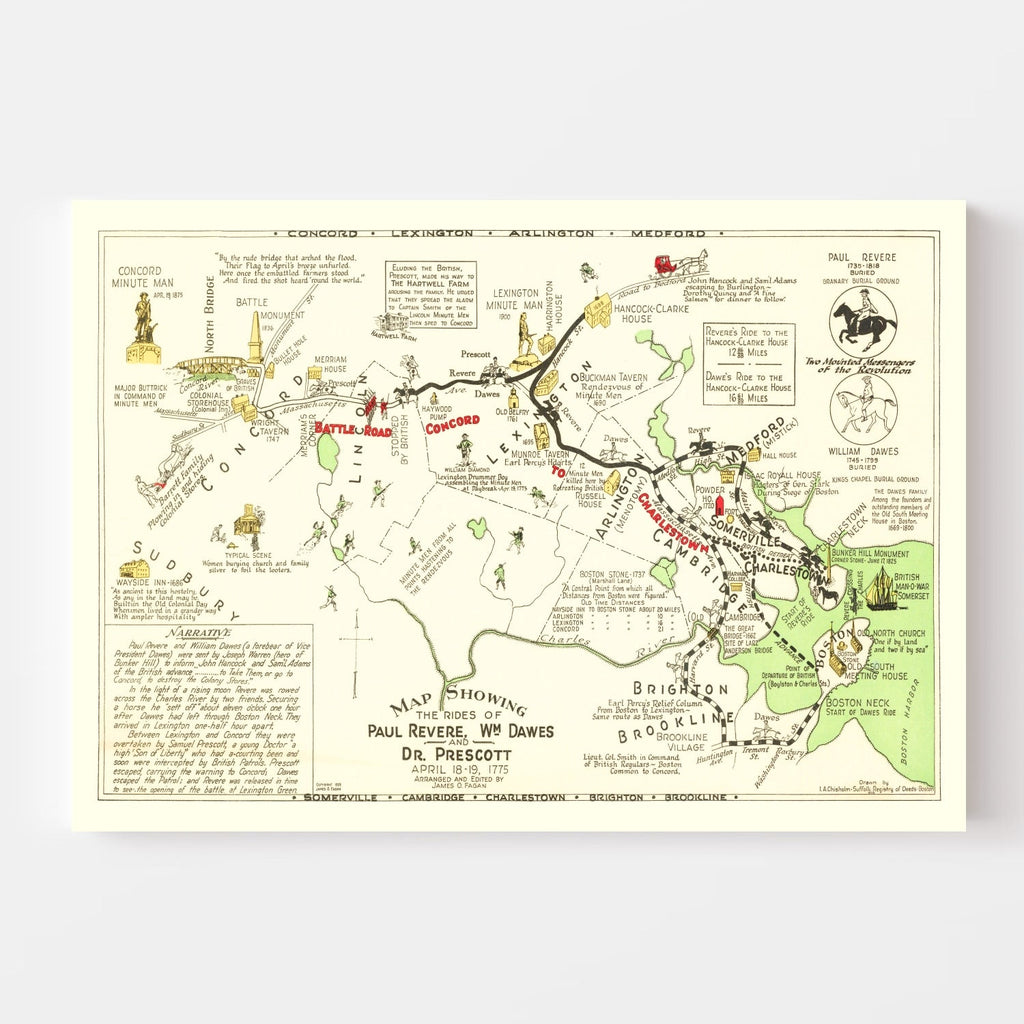 Vintage Map of Rides of Paul Revere, 1929