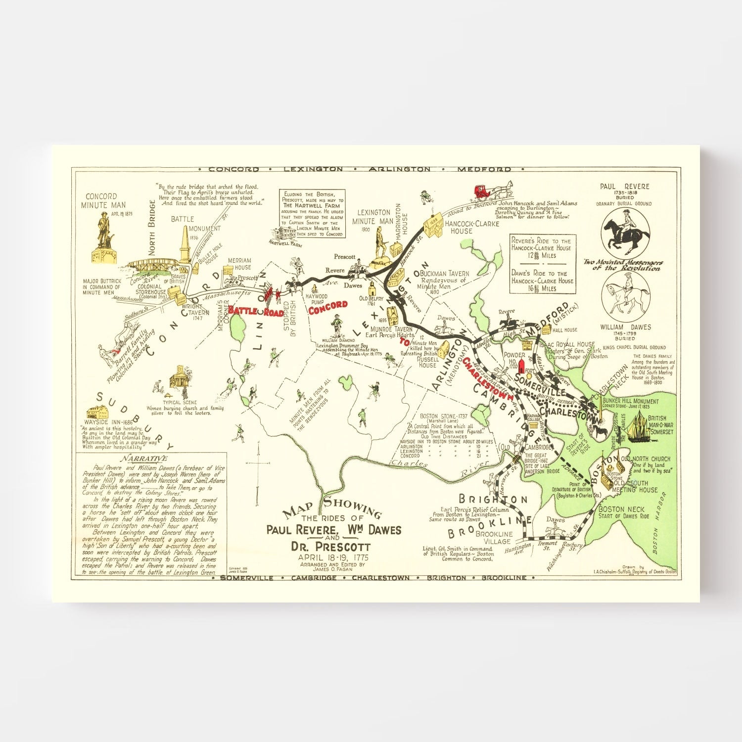 Vintage Map of Rides of Paul Revere, 1929