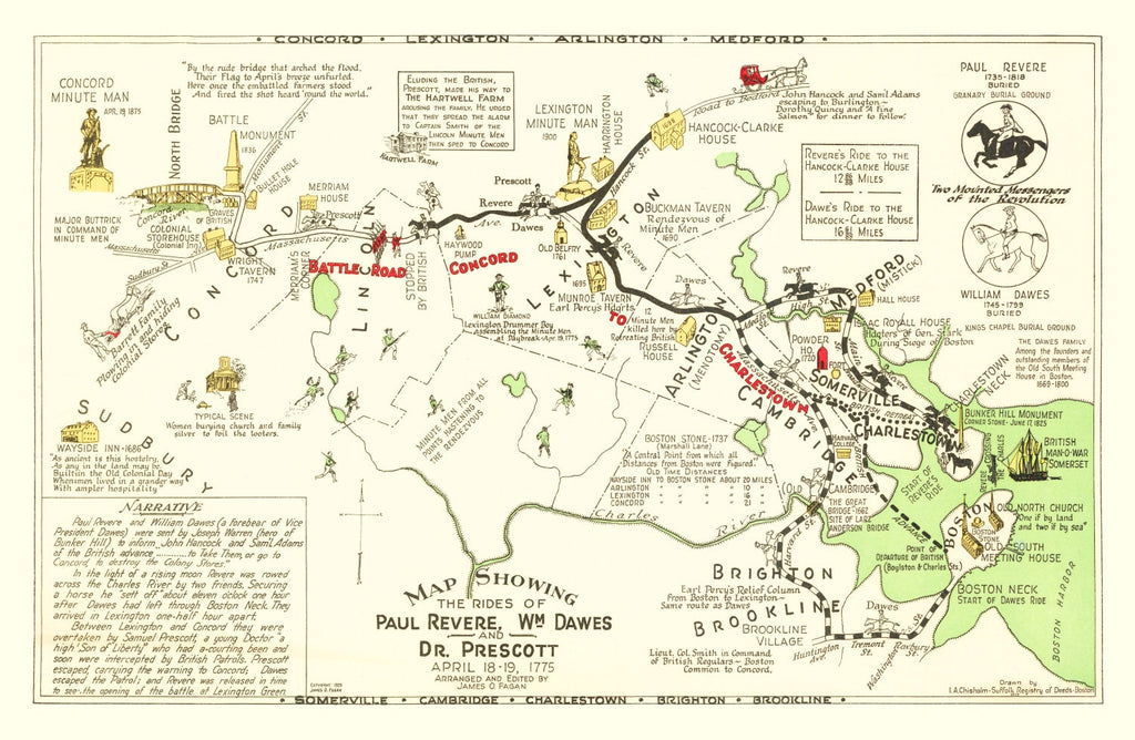 Vintage Map of Rides of Paul Revere, 1929