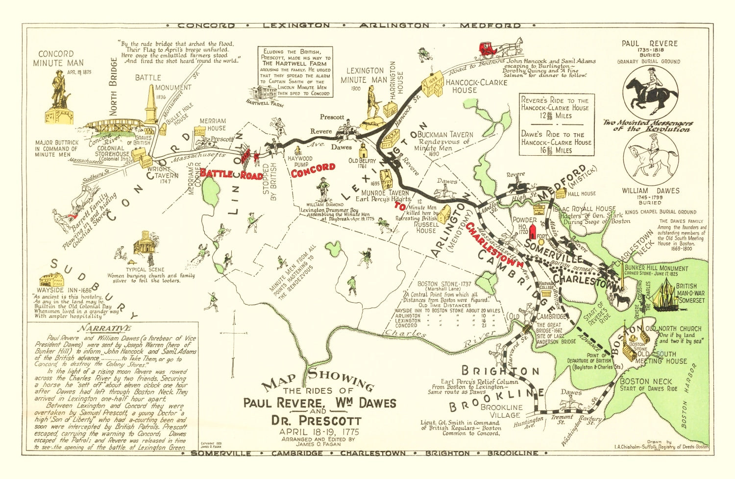 Vintage Map of Rides of Paul Revere, 1929
