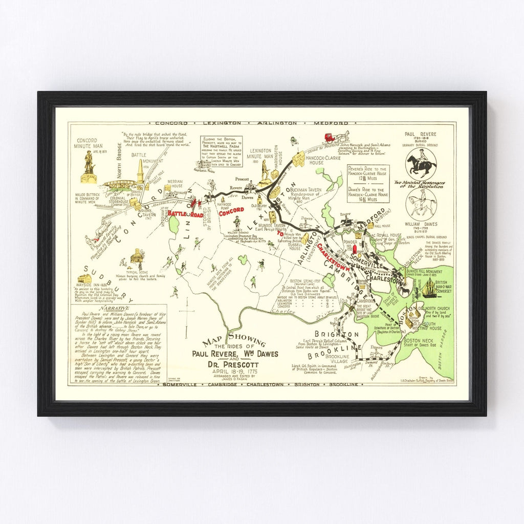 Vintage Map of Rides of Paul Revere, 1929