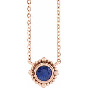 14K Rose Gold 5 mm Natural Blue Sapphire Beaded Bezel-Set 18" Necklace