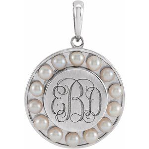 14K White Gold Cultured White Seed Pearl Engravable Halo-Style Pendant