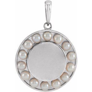 14K White Gold Cultured White Seed Pearl Engravable Halo-Style Pendant