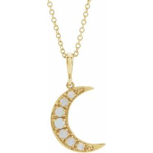 14K Yellow Gold Natural White Opal Cabochon Crescent Moon 16-18" Necklace