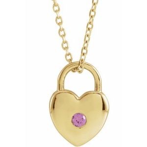 14K Yellow Gold Natural Pink Sapphire Heart Lock 18" Necklace