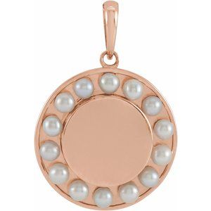 14K Rose Gold Cultured White Seed Pearl Engravable Halo-Style Pendant