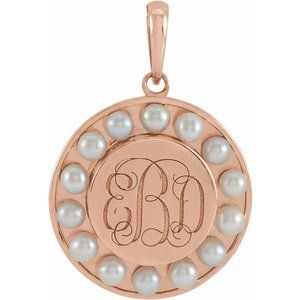 14K Rose Gold Cultured White Seed Pearl Engravable Halo-Style Pendant