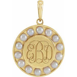 14K Yellow Gold Cultured White Seed Pearl Engravable Halo-Style Pendant