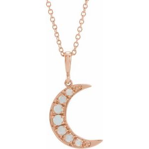14K Rose Gold Natural White Opal Cabochon Crescent Moon 16-18" Necklace