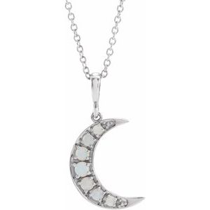 Platinum Natural White Opal Cabochon Crescent Moon 16-18" Necklace
