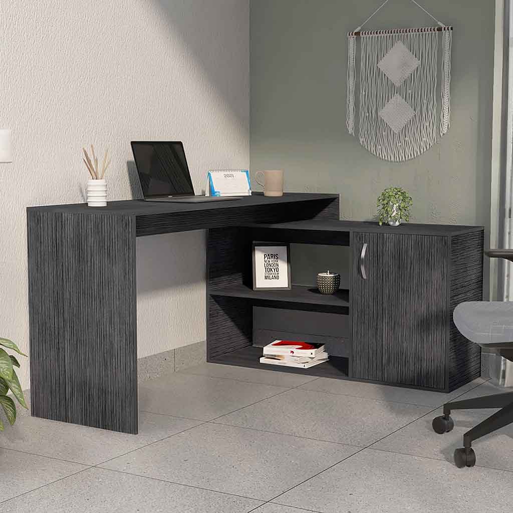 Dallas L-Shaped Home Office Desk, Two Shelves, Single Door Cabinet