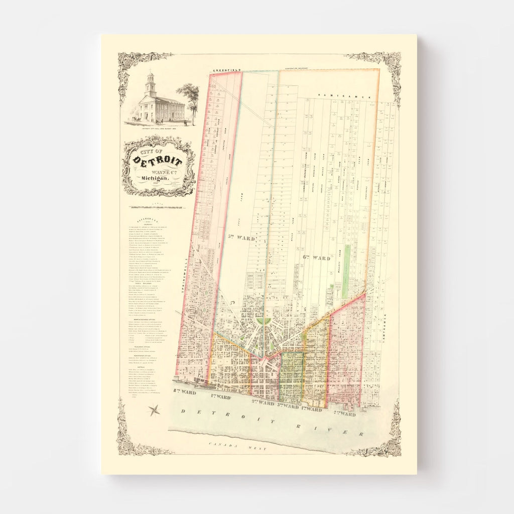 Vintage Map of Detroit, Michigan 1853