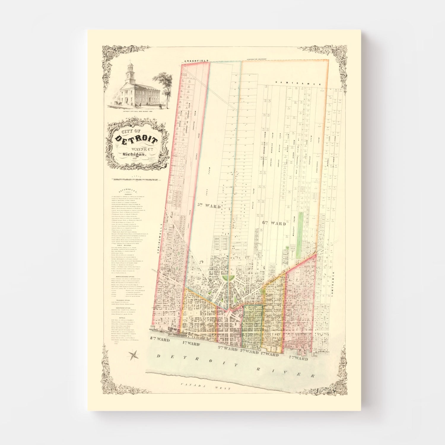 Vintage Map of Detroit, Michigan 1853