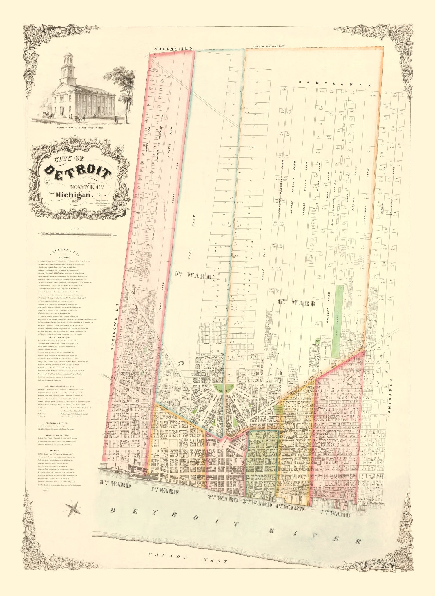 Vintage Map of Detroit, Michigan 1853