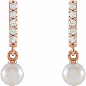 14K Rose Gold Cultured Akoya Pearl & .03 CTW Natural Diamond Bar Earrings