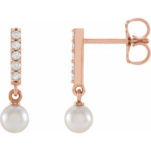 14K Rose Gold Cultured Akoya Pearl & .03 CTW Natural Diamond Bar Earrings
