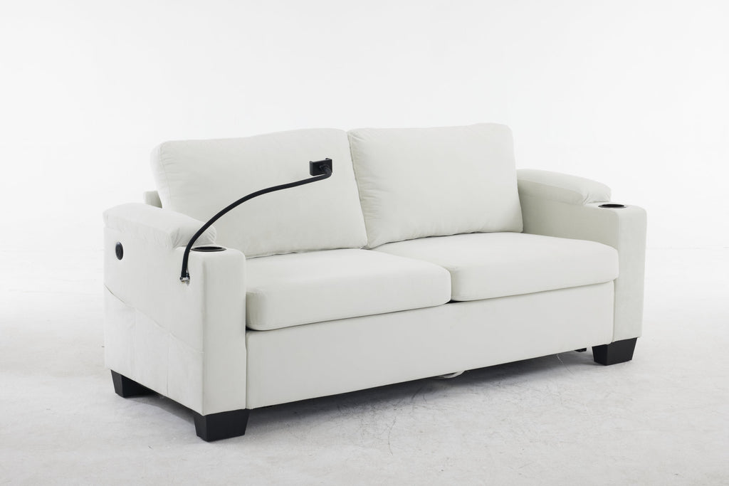 Pull-out sofa bed, chenille material, pull-out queen sofa bed, with USB charging, mobile phone holder, memory sofa, removable and washable cushions, suitable for living room, bedroom, apartment, white