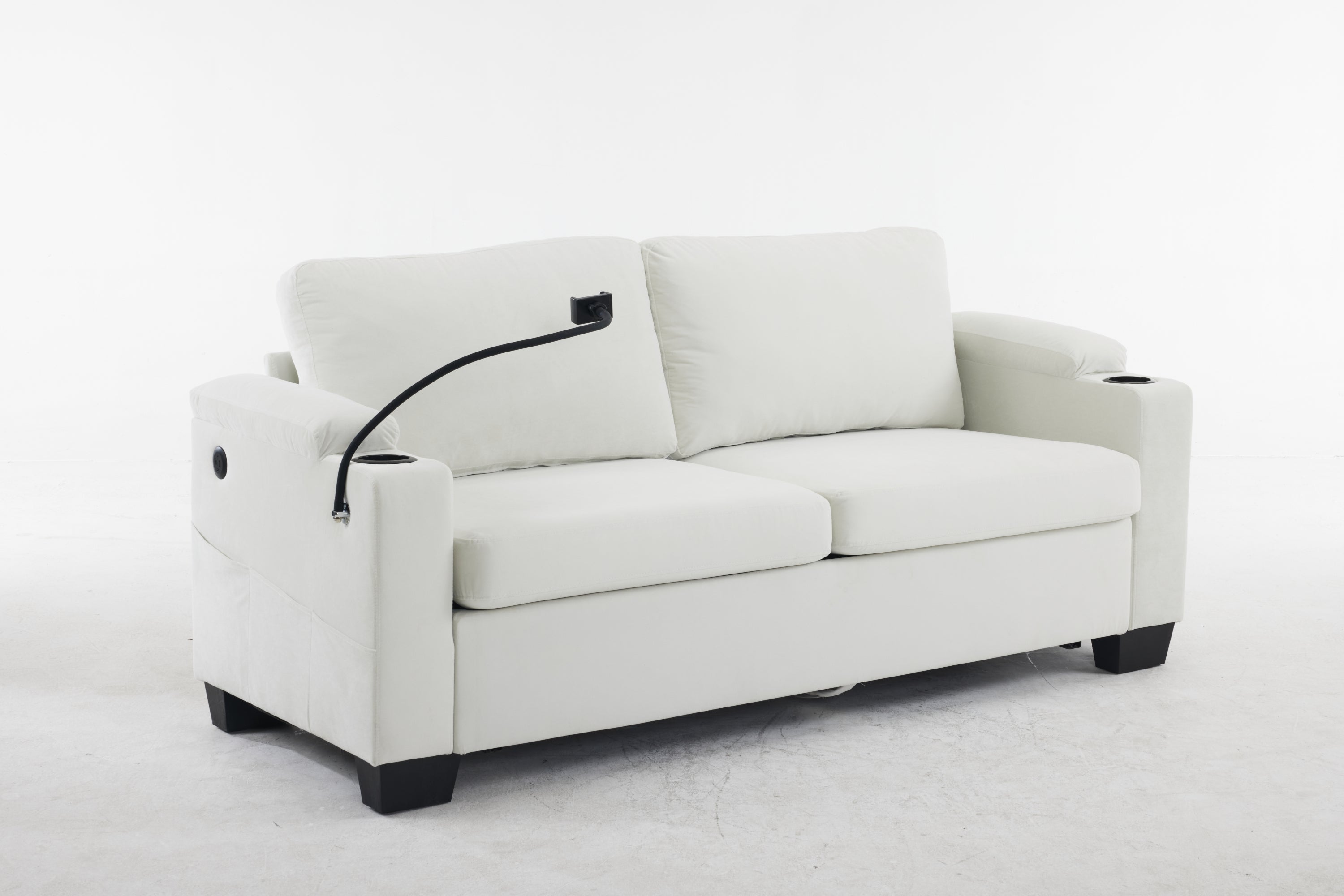 Pull-out sofa bed, chenille material, pull-out queen sofa bed, with USB charging, mobile phone holder, memory sofa, removable and washable cushions, suitable for living room, bedroom, apartment, white