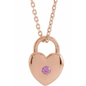 14K Rose Gold Natural Pink Sapphire Heart Lock 18" Necklace