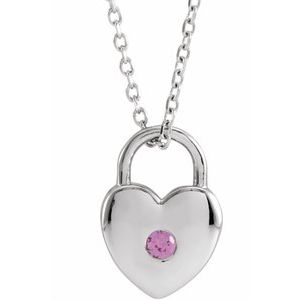 14K White Gold Natural Pink Sapphire Heart Lock 18" Necklace